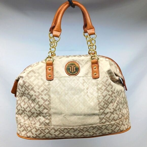 Tommy Hilfiger Handbags - Tommy Hilfiger Beige Signature Logo Handbag Purse Satchel Top Canvas Exterior...